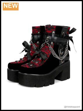 Victorian Lace Chunky Platform Ankle Boots Punk Goth Lace Up Side Zip